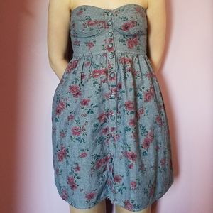 Denim Blue Flower Print Strapless Dress